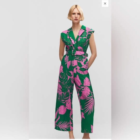 Mango Green and Pink Leaf Print Jumpsuit - Picture 1 of 9